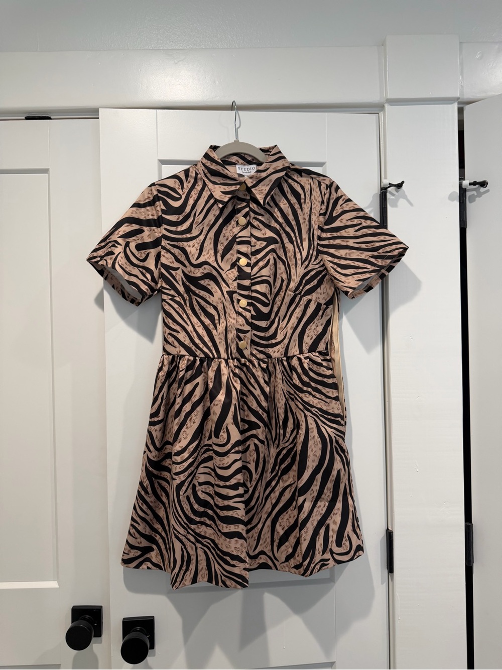 Studio Zebra-Print Short Sleeve Shirt Dress